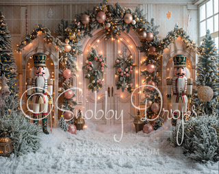 Pink Christmas Door with Nutcrackers Fabric Backdrop-Fabric Photography Backdrop-Snobby Drops Fabric Backdrops for Photography, Exclusive Designs by Tara Mapes Photography, Enchanted Eye Creations by Tara Mapes, photography backgrounds, photography backdrops, fast shipping, US backdrops, cheap photography backdrops