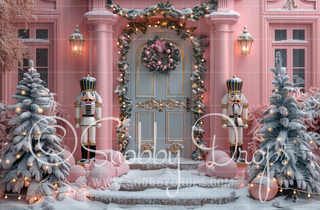 Pink Christmas Door with Nutcrackers Fabric Backdrop