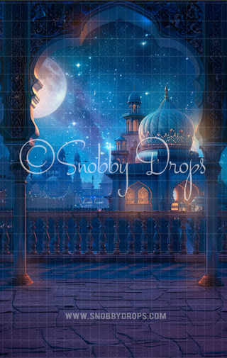 Arabian Princess Balcony Overlooking Palace Fabric Backdrop Sweep-Fabric Photography Sweep-Snobby Drops Fabric Backdrops for Photography, Exclusive Designs by Tara Mapes Photography, Enchanted Eye Creations by Tara Mapes, photography backgrounds, photography backdrops, fast shipping, US backdrops, cheap photography backdrops