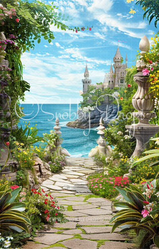 Ariel's Castle by the Ocean Fabric Backdrop Sweep-Fabric Photography Sweep-Snobby Drops Fabric Backdrops for Photography, Exclusive Designs by Tara Mapes Photography, Enchanted Eye Creations by Tara Mapes, photography backgrounds, photography backdrops, fast shipping, US backdrops, cheap photography backdrops