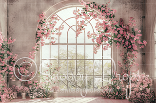 Bay Window with Pink Flowers Fine Art Fabric Photography Backdrop-Fabric Photography Backdrop-Snobby Drops Fabric Backdrops for Photography, Exclusive Designs by Tara Mapes Photography, Enchanted Eye Creations by Tara Mapes, photography backgrounds, photography backdrops, fast shipping, US backdrops, cheap photography backdrops
