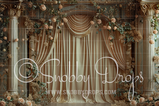 Beige Roses and Curtains Fine Art Fabric Backdrop-Fabric Photography Backdrop-Snobby Drops Fabric Backdrops for Photography, Exclusive Designs by Tara Mapes Photography, Enchanted Eye Creations by Tara Mapes, photography backgrounds, photography backdrops, fast shipping, US backdrops, cheap photography backdrops
