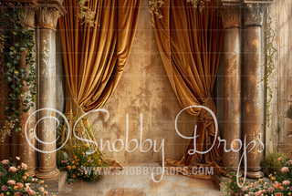 Brown Curtains and Flowers Fine Art Fabric Backdrop-Fabric Photography Backdrop-Snobby Drops Fabric Backdrops for Photography, Exclusive Designs by Tara Mapes Photography, Enchanted Eye Creations by Tara Mapes, photography backgrounds, photography backdrops, fast shipping, US backdrops, cheap photography backdrops