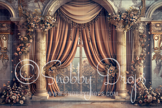 Brown Roses and Curtains Fine Art Fabric Backdrop-Fabric Photography Backdrop-Snobby Drops Fabric Backdrops for Photography, Exclusive Designs by Tara Mapes Photography, Enchanted Eye Creations by Tara Mapes, photography backgrounds, photography backdrops, fast shipping, US backdrops, cheap photography backdrops
