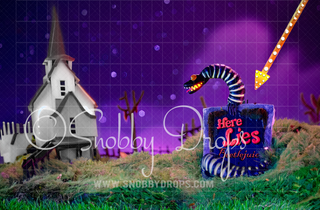 Bug Juice Miniature Cemetery Halloween Fabric Backdrop-Fabric Photography Backdrop-Snobby Drops Fabric Backdrops for Photography, Exclusive Designs by Tara Mapes Photography, Enchanted Eye Creations by Tara Mapes, photography backgrounds, photography backdrops, fast shipping, US backdrops, cheap photography backdrops