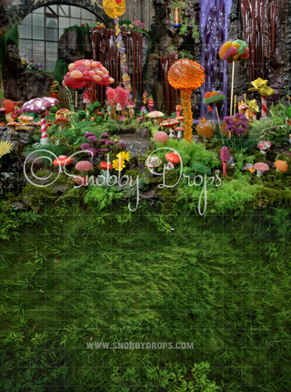 Candy Mushrooms and Waterfall in Candy Factory Fabric Backdrop Sweep-Fabric Photography Sweep-Snobby Drops Fabric Backdrops for Photography, Exclusive Designs by Tara Mapes Photography, Enchanted Eye Creations by Tara Mapes, photography backgrounds, photography backdrops, fast shipping, US backdrops, cheap photography backdrops