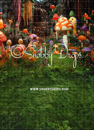 Candy Mushrooms Chocolate Waterfall in Candy Factory Fabric Backdrop Sweep-Fabric Photography Sweep-Snobby Drops Fabric Backdrops for Photography, Exclusive Designs by Tara Mapes Photography, Enchanted Eye Creations by Tara Mapes, photography backgrounds, photography backdrops, fast shipping, US backdrops, cheap photography backdrops