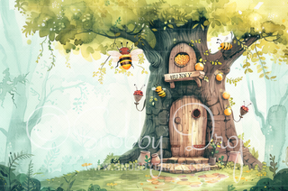 Cartoon Honey Bee Tree Fabric Backdrop-Fabric Photography Backdrop-Snobby Drops Fabric Backdrops for Photography, Exclusive Designs by Tara Mapes Photography, Enchanted Eye Creations by Tara Mapes, photography backgrounds, photography backdrops, fast shipping, US backdrops, cheap photography backdrops