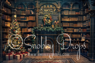 Christmas Library Fabric Backdrop-Fabric Photography Backdrop-Snobby Drops Fabric Backdrops for Photography, Exclusive Designs by Tara Mapes Photography, Enchanted Eye Creations by Tara Mapes, photography backgrounds, photography backdrops, fast shipping, US backdrops, cheap photography backdrops