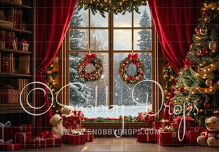 Christmas Window with Teddies Fabric Backdrop-Fabric Photography Backdrop-Snobby Drops Fabric Backdrops for Photography, Exclusive Designs by Tara Mapes Photography, Enchanted Eye Creations by Tara Mapes, photography backgrounds, photography backdrops, fast shipping, US backdrops, cheap photography backdrops