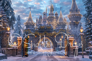 Christmas Wizard Castle Fabric Backdrop-Fabric Photography Backdrop-Snobby Drops Fabric Backdrops for Photography, Exclusive Designs by Tara Mapes Photography, Enchanted Eye Creations by Tara Mapes, photography backgrounds, photography backdrops, fast shipping, US backdrops, cheap photography backdrops
