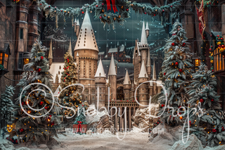 Christmas Wizard Castle Studio Fabric Backdrop-Fabric Photography Backdrop-Snobby Drops Fabric Backdrops for Photography, Exclusive Designs by Tara Mapes Photography, Enchanted Eye Creations by Tara Mapes, photography backgrounds, photography backdrops, fast shipping, US backdrops, cheap photography backdrops