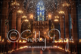 Christmas Wizard Great Hall with Falling Snow Fabric Backdrop-Fabric Photography Backdrop-Snobby Drops Fabric Backdrops for Photography, Exclusive Designs by Tara Mapes Photography, Enchanted Eye Creations by Tara Mapes, photography backgrounds, photography backdrops, fast shipping, US backdrops, cheap photography backdrops