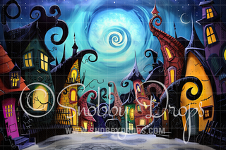Jacks Town Colorful Halloween Houses Fabric Backdrop-Fabric Photography Backdrop-Snobby Drops Fabric Backdrops for Photography, Exclusive Designs by Tara Mapes Photography, Enchanted Eye Creations by Tara Mapes, photography backgrounds, photography backdrops, fast shipping, US backdrops, cheap photography backdrops