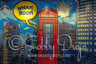 Comic Book Superhero Phone Booth Fabric Backdrop-Fabric Photography Backdrop-Snobby Drops Fabric Backdrops for Photography, Exclusive Designs by Tara Mapes Photography, Enchanted Eye Creations by Tara Mapes, photography backgrounds, photography backdrops, fast shipping, US backdrops, cheap photography backdrops