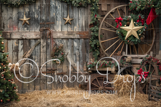 Country Christmas Barn Fabric Photography Backdrop-Fabric Photography Backdrop-Snobby Drops Fabric Backdrops for Photography, Exclusive Designs by Tara Mapes Photography, Enchanted Eye Creations by Tara Mapes, photography backgrounds, photography backdrops, fast shipping, US backdrops, cheap photography backdrops