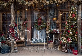 Country Christmas Porch Fabric Photography Backdrop-Fabric Photography Backdrop-Snobby Drops Fabric Backdrops for Photography, Exclusive Designs by Tara Mapes Photography, Enchanted Eye Creations by Tara Mapes, photography backgrounds, photography backdrops, fast shipping, US backdrops, cheap photography backdrops