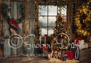 Country Christmas Window Fabric Photography Backdrop-Fabric Photography Backdrop-Snobby Drops Fabric Backdrops for Photography, Exclusive Designs by Tara Mapes Photography, Enchanted Eye Creations by Tara Mapes, photography backgrounds, photography backdrops, fast shipping, US backdrops, cheap photography backdrops