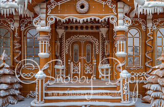 Cozy Gingerbread House Porch Fabric Backdrop-Fabric Photography Backdrop-Snobby Drops Fabric Backdrops for Photography, Exclusive Designs by Tara Mapes Photography, Enchanted Eye Creations by Tara Mapes, photography backgrounds, photography backdrops, fast shipping, US backdrops, cheap photography backdrops