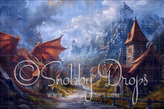 Dragon Viking Village Fabric Backdrop-Fabric Photography Backdrop-Snobby Drops Fabric Backdrops for Photography, Exclusive Designs by Tara Mapes Photography, Enchanted Eye Creations by Tara Mapes, photography backgrounds, photography backdrops, fast shipping, US backdrops, cheap photography backdrops