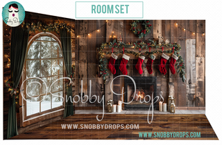 Earthy Pine Fireplace and Arched Window Christmas Room 3 Piece Room Set-Photography Backdrop 3P Room Set-Snobby Drops Fabric Backdrops for Photography, Exclusive Designs by Tara Mapes Photography, Enchanted Eye Creations by Tara Mapes, photography backgrounds, photography backdrops, fast shipping, US backdrops, cheap photography backdrops