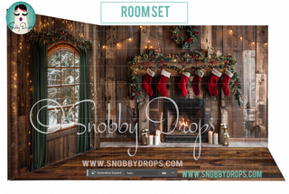 Earthy Pine Fireplace and Window Christmas Room 3 Piece Room Set-Photography Backdrop 3P Room Set-Snobby Drops Fabric Backdrops for Photography, Exclusive Designs by Tara Mapes Photography, Enchanted Eye Creations by Tara Mapes, photography backgrounds, photography backdrops, fast shipping, US backdrops, cheap photography backdrops