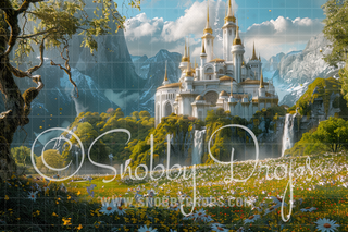 Fairytale Castle in Field of Flowers Fabric Backdrop-Fabric Photography Backdrop-Snobby Drops Fabric Backdrops for Photography, Exclusive Designs by Tara Mapes Photography, Enchanted Eye Creations by Tara Mapes, photography backgrounds, photography backdrops, fast shipping, US backdrops, cheap photography backdrops