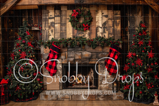 Farmhouse Plaid Christmas Fireplace Fabric Backdrop-Fabric Photography Backdrop-Snobby Drops Fabric Backdrops for Photography, Exclusive Designs by Tara Mapes Photography, Enchanted Eye Creations by Tara Mapes, photography backgrounds, photography backdrops, fast shipping, US backdrops, cheap photography backdrops