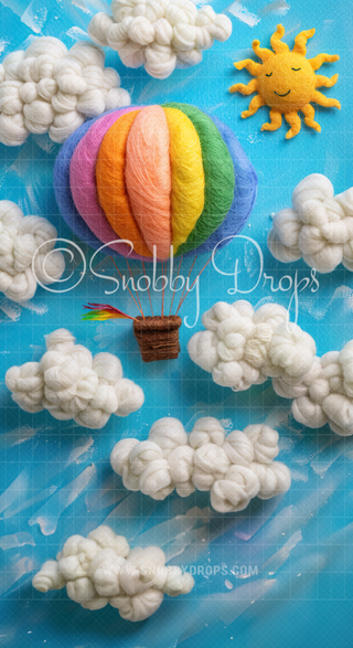 Feltsy Clouds with Hot Air Balloon Felted Style Fabric Backdrop Wee Sweep-Fabric Photography Wee Sweep-Snobby Drops Fabric Backdrops for Photography, Exclusive Designs by Tara Mapes Photography, Enchanted Eye Creations by Tara Mapes, photography backgrounds, photography backdrops, fast shipping, US backdrops, cheap photography backdrops