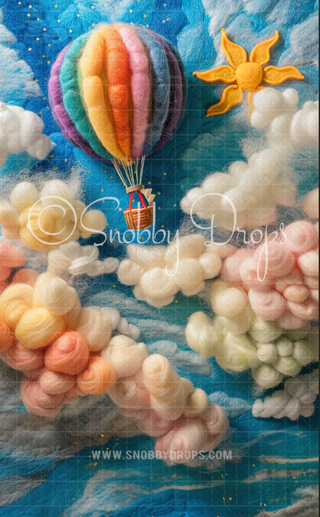 Feltsy Felted Style Clouds with Hot Air Balloon Fabric Backdrop Wee Sweep-Fabric Photography Wee Sweep-Snobby Drops Fabric Backdrops for Photography, Exclusive Designs by Tara Mapes Photography, Enchanted Eye Creations by Tara Mapes, photography backgrounds, photography backdrops, fast shipping, US backdrops, cheap photography backdrops