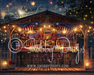 Fourth of July Shack Fabric Backdrop-Fabric Photography Backdrop-Snobby Drops Fabric Backdrops for Photography, Exclusive Designs by Tara Mapes Photography, Enchanted Eye Creations by Tara Mapes, photography backgrounds, photography backdrops, fast shipping, US backdrops, cheap photography backdrops