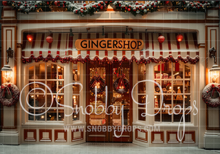 GingerShop Christmas Shop Storefront Fabric Backdrop-Fabric Photography Backdrop-Snobby Drops Fabric Backdrops for Photography, Exclusive Designs by Tara Mapes Photography, Enchanted Eye Creations by Tara Mapes, photography backgrounds, photography backdrops, fast shipping, US backdrops, cheap photography backdrops