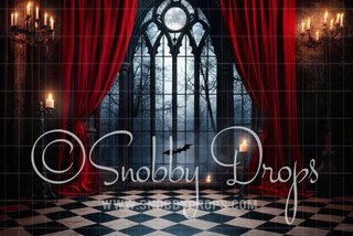 Gothic Window with Curtains Fabric Backdrop-Fabric Photography Backdrop-Snobby Drops Fabric Backdrops for Photography, Exclusive Designs by Tara Mapes Photography, Enchanted Eye Creations by Tara Mapes, photography backgrounds, photography backdrops, fast shipping, US backdrops, cheap photography backdrops