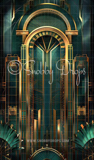 Green and Gold Art Deco Fabric Backdrop Sweep-Fabric Photography Sweep-Snobby Drops Fabric Backdrops for Photography, Exclusive Designs by Tara Mapes Photography, Enchanted Eye Creations by Tara Mapes, photography backgrounds, photography backdrops, fast shipping, US backdrops, cheap photography backdrops