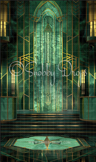 Green and Gold Art Deco Fabric Backdrop Sweep-Fabric Photography Sweep-Snobby Drops Fabric Backdrops for Photography, Exclusive Designs by Tara Mapes Photography, Enchanted Eye Creations by Tara Mapes, photography backgrounds, photography backdrops, fast shipping, US backdrops, cheap photography backdrops
