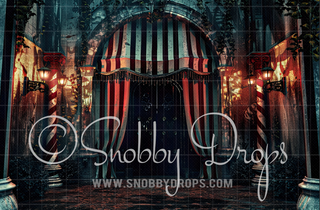 Grunge Goth Circus Entrance Fabric Backdrop-Fabric Photography Backdrop-Snobby Drops Fabric Backdrops for Photography, Exclusive Designs by Tara Mapes Photography, Enchanted Eye Creations by Tara Mapes, photography backgrounds, photography backdrops, fast shipping, US backdrops, cheap photography backdrops