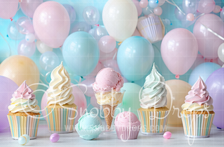 Ice Cream and Balloons Fabric Backdrop-Fabric Photography Backdrop-Snobby Drops Fabric Backdrops for Photography, Exclusive Designs by Tara Mapes Photography, Enchanted Eye Creations by Tara Mapes, photography backgrounds, photography backdrops, fast shipping, US backdrops, cheap photography backdrops