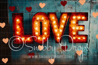 Industrial Marquee Lights "LOVE" Valentine Fabric Backdrop-Fabric Photography Backdrop-Snobby Drops Fabric Backdrops for Photography, Exclusive Designs by Tara Mapes Photography, Enchanted Eye Creations by Tara Mapes, photography backgrounds, photography backdrops, fast shipping, US backdrops, cheap photography backdrops