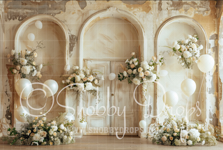 Ivory Flower Room with Balloons Fabric Backdrop-Fabric Photography Backdrop-Snobby Drops Fabric Backdrops for Photography, Exclusive Designs by Tara Mapes Photography, Enchanted Eye Creations by Tara Mapes, photography backgrounds, photography backdrops, fast shipping, US backdrops, cheap photography backdrops