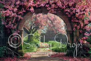 Japanese Cherry Blossoms Stone Arch Fabric Backdrop-Fabric Photography Backdrop-Snobby Drops Fabric Backdrops for Photography, Exclusive Designs by Tara Mapes Photography, Enchanted Eye Creations by Tara Mapes, photography backgrounds, photography backdrops, fast shipping, US backdrops, cheap photography backdrops