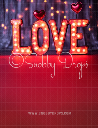 Marquee Lights LOVE Valentine Fabric Backdrop Sweep-Fabric Photography Sweep-Snobby Drops Fabric Backdrops for Photography, Exclusive Designs by Tara Mapes Photography, Enchanted Eye Creations by Tara Mapes, photography backgrounds, photography backdrops, fast shipping, US backdrops, cheap photography backdrops