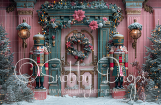 Mint Green and Pink Christmas Door with Nutcrackers Fabric Backdrop-Fabric Photography Backdrop-Snobby Drops Fabric Backdrops for Photography, Exclusive Designs by Tara Mapes Photography, Enchanted Eye Creations by Tara Mapes, photography backgrounds, photography backdrops, fast shipping, US backdrops, cheap photography backdrops