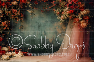 Moody Romantic Wall with Flowers and Tulle Fabric Backdrop-Fabric Photography Backdrop-Snobby Drops Fabric Backdrops for Photography, Exclusive Designs by Tara Mapes Photography, Enchanted Eye Creations by Tara Mapes, photography backgrounds, photography backdrops, fast shipping, US backdrops, cheap photography backdrops