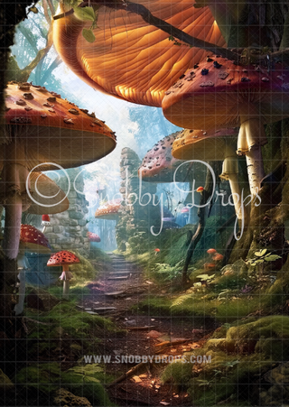 Mushroom Wonderland Path Fabric Backdrop Wee Sweep-Fabric Photography Wee Sweep-Snobby Drops Fabric Backdrops for Photography, Exclusive Designs by Tara Mapes Photography, Enchanted Eye Creations by Tara Mapes, photography backgrounds, photography backdrops, fast shipping, US backdrops, cheap photography backdrops
