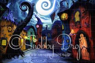 Nightmare Quirky Town Halloween Fabric Backdrop-Fabric Photography Backdrop-Snobby Drops Fabric Backdrops for Photography, Exclusive Designs by Tara Mapes Photography, Enchanted Eye Creations by Tara Mapes, photography backgrounds, photography backdrops, fast shipping, US backdrops, cheap photography backdrops