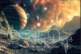 Orange Planet Outer Space Fabric Backdrop-Fabric Photography Backdrop-Snobby Drops Fabric Backdrops for Photography, Exclusive Designs by Tara Mapes Photography, Enchanted Eye Creations by Tara Mapes, photography backgrounds, photography backdrops, fast shipping, US backdrops, cheap photography backdrops