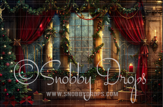 Ornate Gold and Red Christmas Window Mantle Fabric Backdrop-Fabric Photography Backdrop-Snobby Drops Fabric Backdrops for Photography, Exclusive Designs by Tara Mapes Photography, Enchanted Eye Creations by Tara Mapes, photography backgrounds, photography backdrops, fast shipping, US backdrops, cheap photography backdrops