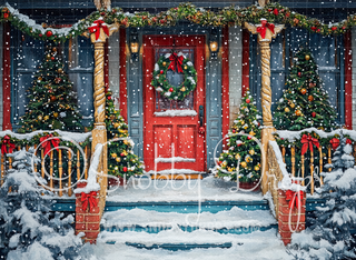 Painted Christmas Porch Fabric Backdrop-Fabric Photography Backdrop-Snobby Drops Fabric Backdrops for Photography, Exclusive Designs by Tara Mapes Photography, Enchanted Eye Creations by Tara Mapes, photography backgrounds, photography backdrops, fast shipping, US backdrops, cheap photography backdrops