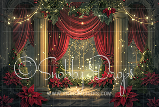 Painterly Poinsettias and Pillars Window Fabric Backdrop-Fabric Photography Backdrop-Snobby Drops Fabric Backdrops for Photography, Exclusive Designs by Tara Mapes Photography, Enchanted Eye Creations by Tara Mapes, photography backgrounds, photography backdrops, fast shipping, US backdrops, cheap photography backdrops