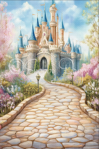 Painterly Princess Castle Fabric Backdrop Sweep-Fabric Photography Sweep-Snobby Drops Fabric Backdrops for Photography, Exclusive Designs by Tara Mapes Photography, Enchanted Eye Creations by Tara Mapes, photography backgrounds, photography backdrops, fast shipping, US backdrops, cheap photography backdrops